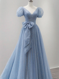 Cute V Neck Tulle Long Prom Dress, Blue Sweet 16 Formal Dress With Bow Knot HZ1023
