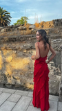 Red Backless Long Prom Dress With Ruffle HZ1023