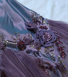 Vintage Purple A Line Strapless Flower Beaded Sequin Satin Tulle Prom Dress Gown HZ1023