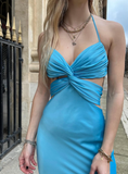 Blue A Line Halter Satin Open Back Long Wedding Guest Dress Party Dress HZ1023
