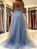 Gorgeous V Neck Open Back Smoky Gray Beaded Long Prom Dresses, High Slit Smoky Grey Long Formal Evening Dresses HZ1023