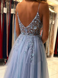 Gorgeous V Neck Open Back Smoky Gray Beaded Long Prom Dresses, High Slit Smoky Grey Long Formal Evening Dresses HZ1023