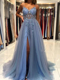 Gorgeous V Neck Open Back Smoky Gray Beaded Long Prom Dresses, High Slit Smoky Grey Long Formal Evening Dresses HZ1023