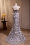 Grey Feather Mermaid Sweetheart Prom Dresses Sheer Beaded Bodice HZ1023