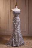 Grey Feather Mermaid Sweetheart Prom Dresses Sheer Beaded Bodice HZ1023