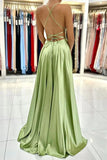 Simple A Line Green Satin Backless Long Prom Dresses Evening Dresses with Slit HZ1023