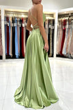Simple A Line Green Satin Backless Long Prom Dresses Evening Dresses with Slit HZ1023