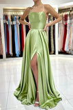 Simple A Line Green Satin Backless Long Prom Dresses Evening Dresses with Slit HZ1023