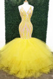Yellow Sexy Prom Dresses With Deep V Neck Lace Appliques Mermaid Evening Gowns Plus Size Sweep Train Tulle Formal Party Dress HZ1023