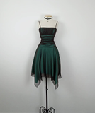 Retro A Line Spaghetti Strap Pleated Black Chiffon Green Satin Homecoming Dress HZ1023