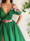 Green Satin Flower Prom Dresses High Split Side Cold Shoulder Appliques Formal Evening Party Gowns HZ1023