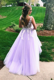 V Neck Open Back Tulle Applique Long Prom Dress HZ1023