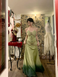 Vintage Green Ombre A Line Spaghetti Straps Beaded Satin Prom Dress 16th Birthday Dress HZ1023