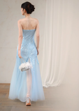 Blue Classy A Line Strapless Sequin Tulle Long Evening Dress Gown Dress HZ1023