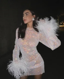 Sexy Sheath Long Sleeve Feather Sequin Short Party Dress Homecoming Dress HZ1023
