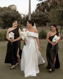 Pretty Sheath One Shoulder Black Satin Bridesmaid Dress Evening Dress with Slit HZ1023