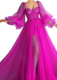 Tulle Evening Dress, Long Sleeves Long Prom Dress HZ1023