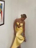 Unique Sheath Spaghetti Strap Yellow Satin Open Back Prom Dress Evening Dress HZ1023