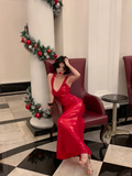Charming Red Mermaid Halter Sequin Open Back Prom Dress Evening Dress HZ1023