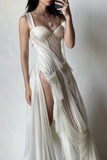Stunning A Line Straps White Chiffon Prom Dress Evening Dress with Slit HZ1023