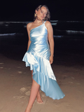 Baby Blue Mermaid One Shoulder Satin Short Open Back Homecoming Dress HZ1023