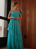 Unique A Line One Shoulder Blue Chiffon Long Prom Dress Evening Dress HZ1023