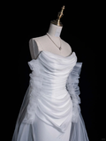 Simple A Line Long Sleeve Pleated Tulle Satin Wedding Dress Prom Dress HZ1023