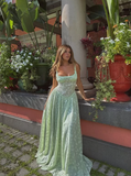 Green A Line Straps Satin Long Prom Dress with Slit HZ1023
