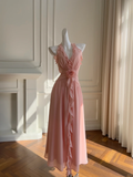 Classic A Line Halter Flower Pink Chiffon Open Back Prom Dress Wedding Guest Dress HZ1023