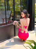Hot Pink Butterfly Sheath Spaghetti Strap Satin Open Back Long Prom Dress Vacation Dress HZ1023
