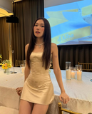 Simple Sheath Strapless Corset Champagne Satin Short Homecoming Dress HZ1023