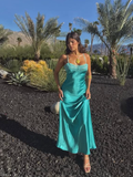 Simple Lake Blue A Line Spaghetti Strap Lace Satin Prom Dress HZ1023
