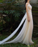 Flowy Simple Ivory A Line Pleated Tulle Long Evening Dress Party Dress HZ1023