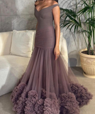 Brown Mermaid V Neck Tulle Long Prom Dress Evening Dress HZ1023