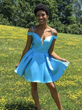 Spaghetti Strap Blue V Neck Back Satin Short Prom Dress With Bow HZ1023