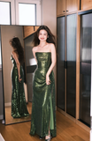 Shiny Green Sheath Strapless Sequin Evening Dress Party Dress with Slit HZ1023