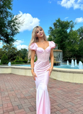Princess Pink Mermaid Puff Lace Satin Prom Dress Cocktail Dress HZ1023