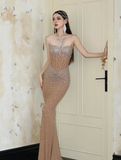 Exquisite Mermaid Strapless Shiny Rhinestone Tulle Long Prom Dress Evening Dress HZ1023