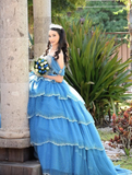 Blue Ball Gown Quinceanera Dresses Off the Shoulder Beaded Layered Tulle Sweet 16 Dress Party Gowns HZ1023