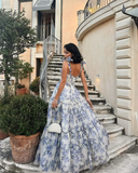 Elegant Floral Print Chiffon Long Prom Dresses Evening Dresses HZ1023