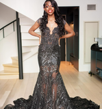 Gorgeous Mermaid V Neck Black Sequin Tulle Long Sweep Prom Dress Evening Dress HZ1023