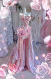 Pink Exquisite Mermaid Sweetheart Neck Floral Beaded Tulle Prom Dress 16th Birthday Dress HZ1023