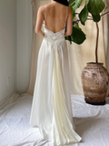White A Line Spaghetti Straps Lace Satin Chiffon Open Back Prom Dress Evening Dress HZ1023