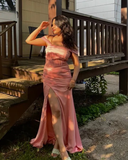 Beautiful Pink Off Shoulder Slit Long Prom Dress Evening Dress HZ1023