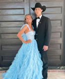 Light Sky Blue Princess Tulle Ruffle Straps Tiered Long Prom Dress HZ1023
