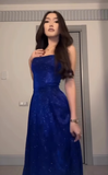Royal Blue A Line Spaghetti Strap Sequin Prom Dress Evening Dress with Slit HZ1023