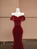 Burgundy Mermaid Off the Shoulder Sequin Velvet Long Prom Dress Party Dress HZ1023