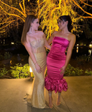 Cute Sheath Strapless Hot Pink Satin Prom Dress Graduation Prom Dress HZ1023