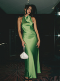 Charming A Line Halter Green Satin Long Open Back Prom Dress Evening Dress HZ1023