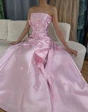Sweet Pink Mermaid Strapless 3D Floral Satin Prom Dress Evening Dress HZ1023